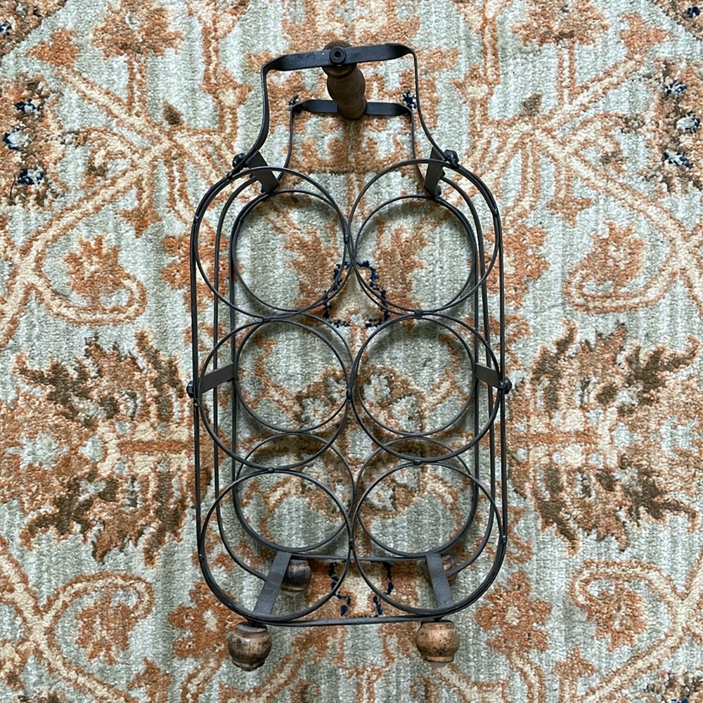 Vintage Black Iron 6 Wine Bottle Holder In Black & Dark Wood
